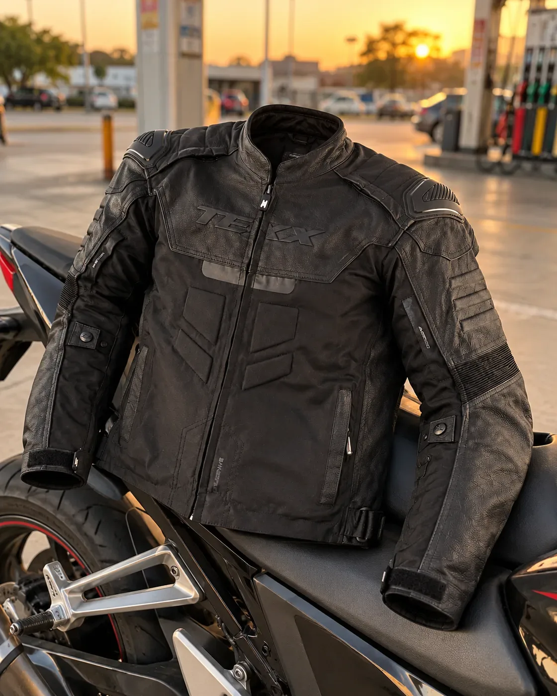 Jaqueta Texx Falcon V2 preta, de couro e tecido, apoiada no banco de uma moto num posto de gasolina ao pôr do sol
