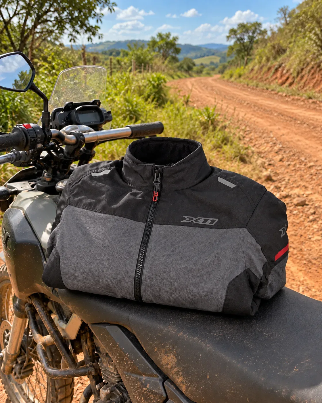 Jaqueta X11 Adventure cinza e preta dobrada sobre o banco de uma moto de trilha parada numa estrada de terra