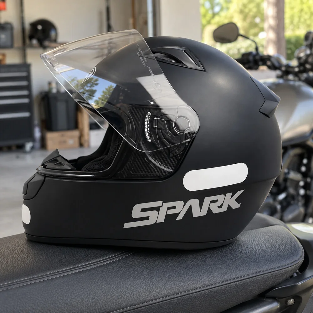 EBF New Spark preto fosco com a viseira levantada, no banco da moto dentro da garagem